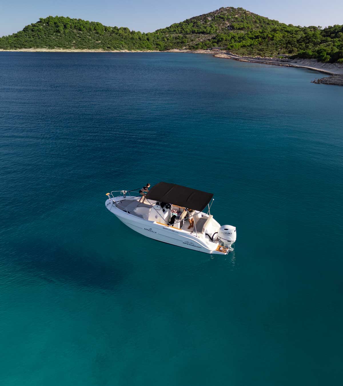 Private boat charter Šibenik — aerial view of motorboat on the Adriatic Croatia