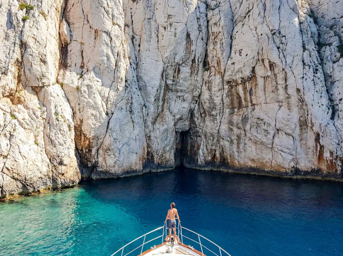 Kornati Islands limestone cliffs from the water, Šibenik private boat tour Croatia